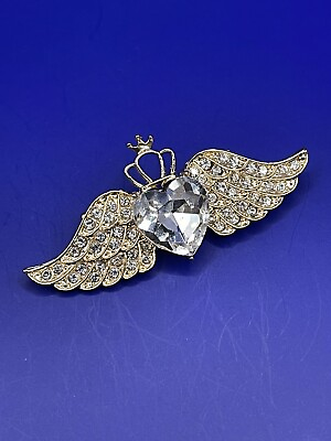 #ad Gold Tone Crown Heart Angel Rhinestone Brooch Pin $12.99