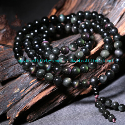 #ad 6 8 10 12mm Black Rainbow Obsidian 108 Prayer Beads Tibet Buddhist Mala Necklace $8.99