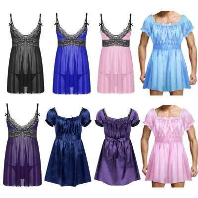 #ad Men#x27;s Satin Frilly Girly Sissy Lingerie Dress Lace Mesh Nightwear Underwear $14.80