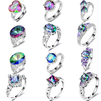 #ad 12 Pcs 1 Lot Xmas Wholesale Set Mixed Mystical Rainbow Topaz Gems Silver Rings $45.23