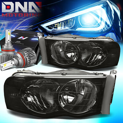 #ad FOR 2002 2005 DODGE TRUCK SIGNAL CRYSTAL HEADLIGHT LAMP W LED SLIM STYLE SMOKED $107.97