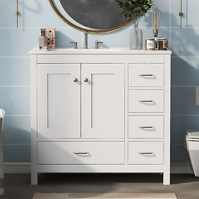#ad 36quot; White Bathroom Vanity with Ceramic Sink Combo Abundant Storage Cabinet $455.25