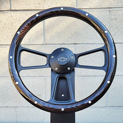 #ad 14quot; Black Billet Steering Wheel Real Dark Wood Burnt Pine Rivets Chevy Bowtie $179.48