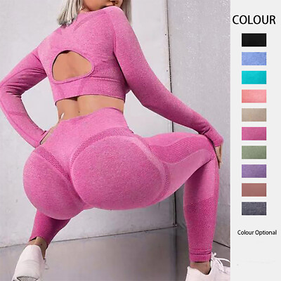 #ad Yoga Set 2pcs Sports Suit Seamless Space Dye Textured Top Tummy Control Leggings $57.09