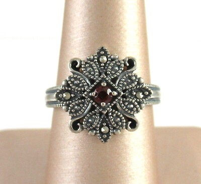#ad .925 Sterling Silver Garnet Ring w Marcasite Vintage Style Ornate Unique 8 $39.95