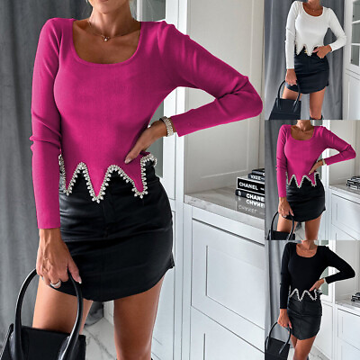 #ad Womens Casual Slim Knit Long Sleeve Crop Party Plain Tops Rhinestone Pullover US $20.99