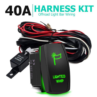 40A Relay Wiring Harness Green Lighted Whip LED Light Bar Rocker Switch On Off $18.85