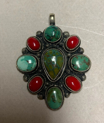 #ad Pendant Green Turquoise amp; Red Coral Silver Southwestern 1 3 4quot; $55.00