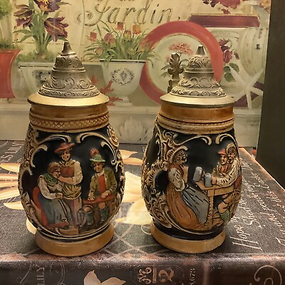 #ad 2 Beer Steins 5.5”H w Metal Decorative Tops Marked “Foreign” amp; Numbered NICE $24.99