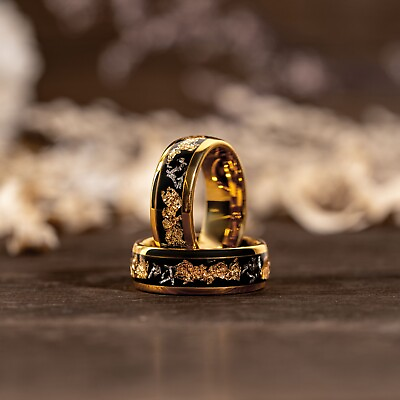 #ad Meteorite Crushed Gold Leaf Flake Ring Mens Wedding Band Solid Tungsten Men Ring $149.99