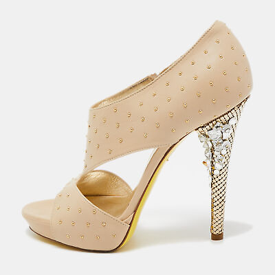 #ad Versace Beige Studded Leather Crystal Embellished Heel Platform Sandals Size 37 $163.80