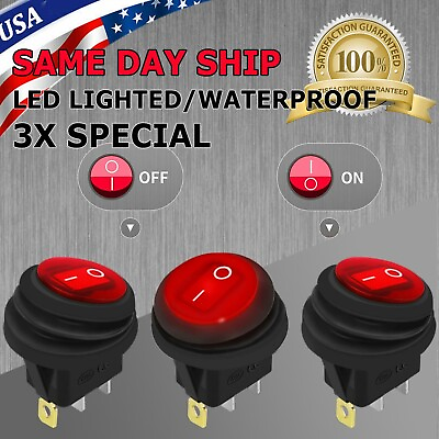 3 pcs REd LED 12V 20A Car Boat ON OFF Round Waterproof Rocker Toggle Switch US $5.95