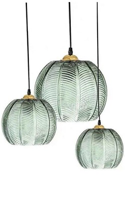 #ad 3 Light Modern Glass Pendant Lights Chandelier Green Pumpkin Ribbed Design $199.99