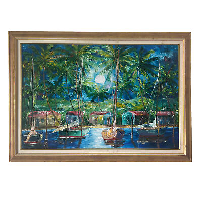 #ad Marcos Larios Signed Original Oil Painting 2001 Moonlit Water Boats Palm Trees $970.99