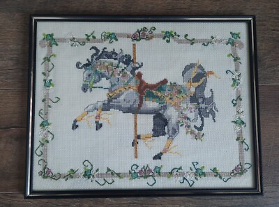 #ad VTG Embroidery Cross Stitch Needlepoint Art Carousel Horse Framed 11quot; X 14quot; $50.00