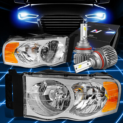 #ad Fit 2002 2005 Dodge Truck Signal Crystal Headlight Lamps W LED Slim Style Chrome $125.32