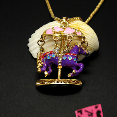 #ad New Enamel Purple Charm Carousel Crystal Fashion Women Pendant Sweater Necklace $3.51