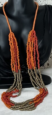 #ad Vintage Retro Hippie Boho Red Coral amp; Gold Seed Bead 6 Strand 28” Long Necklace $21.60
