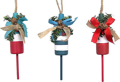 #ad Set of 3 Assorted Wooden Buoy Christmas Tree Ornaments Nautical Christmas Decor $12.65