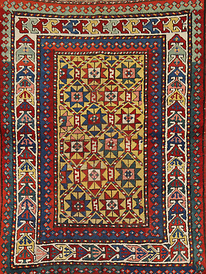 #ad Pre 1900 Gold Ivory Russian Kazak Vegetable Dye Handmade Antique Rug Carpet 4x5 $3666.00