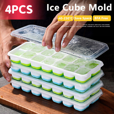 #ad Ice Cube Tray4 Pack Silicone Ice Tray 14 Ice Cube Molds with Lids Stackable USA $9.59
