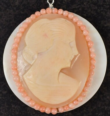 #ad 18quot; VTG Handmade Shell Cameo Coral Mother of Pearl Pendant Necklace Sterling 925 $72.00