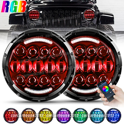 #ad For Jeep Wrangler JK TJ LJ Halo RGB 7#x27;#x27; LED Headlights DRL Lights Combo 2PCS Kit $95.99