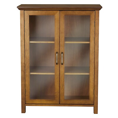 #ad Oak Finish Bathroom Floor Cabinet with 2 Glass Doors amp; Storage Shelves $321.68