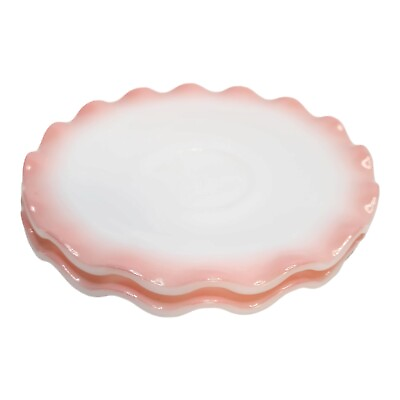 #ad Hazel Atlas Crinoline Milk Glass Ruffled Pink Edge 5 5 8” Saucers Set Of 2 $14.39