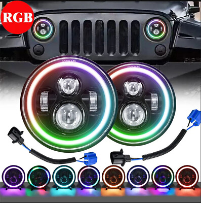 #ad Pair RGB 7 Inch Halo LED Headlights DRL Lights Combo For Jeep Wrangler JK TJ LJ $44.49