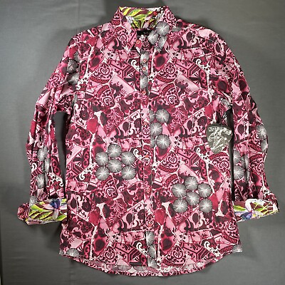 #ad Rock Roll N Soul Shirt Mens Medium Button Up Flip Cuff Pink Hippy Flowers $44.99