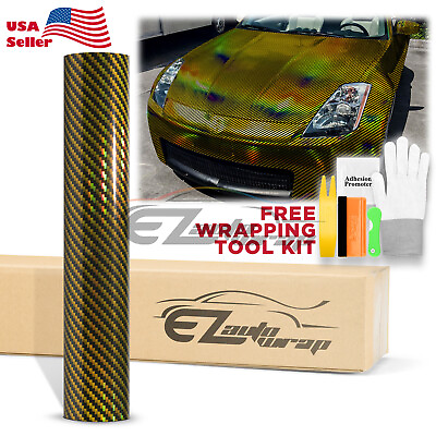 #ad Holographic Carbon Fiber Gold Laser Chrome Car Vinyl Wrap Sheet Decal Sticker $400.00
