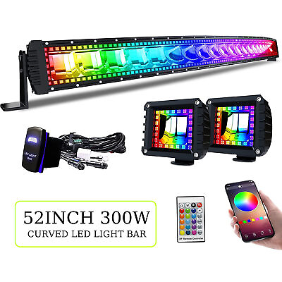 52quot; Inch 300W RGB LED Curved Work Light Bar Offroad Music Remote Wiring $265.99