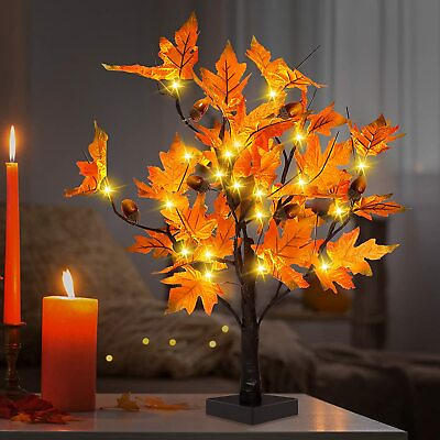 24 LED Lights，Thanksgiving Halloween 20 inch Fall Lighted Maple Tree with Acorns $18.79