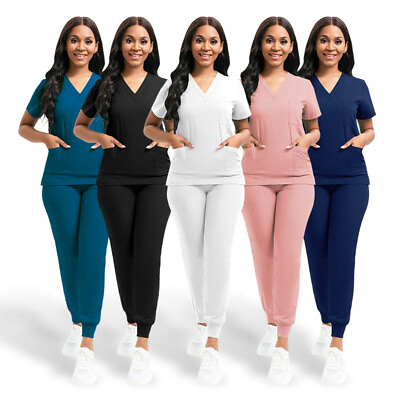 #ad Stretch Medical Nurse Uniform Women Scrub Set V Neck 3 Pocket Top Jogger Pants $18.97