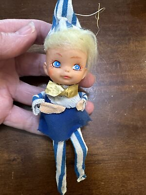 #ad Vintage BLUE Christmas Pixie Elf Ornament Blonde Hair Blue Eyes RARE Knee Hug $30.00