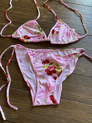 #ad Womens Pink Cherry amp; Flowers 2 Piece Bikini Bathing Suit Size Medium $19.99