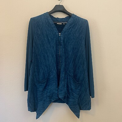 #ad LOGO Lori Goldstein XL Cardigan Zip Up Blue Knit Faux Suede Sleeves Pointed Hem $25.20