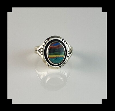 #ad Petite Sterling and Rainbow Calsilica Ring Size 7 1 2 $89.00