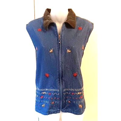 #ad Victoria Jones Top Women#x27;s Size 1X Blue Denim Sleeveless Fall leaves Embroidered $9.99