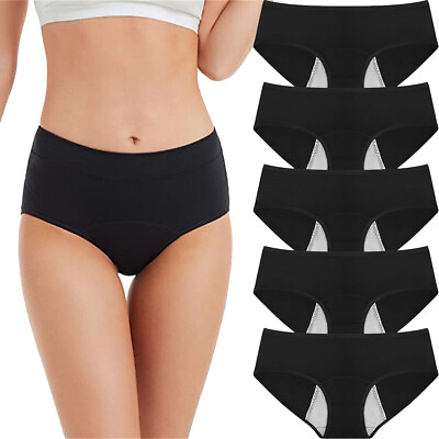 #ad 5 Pack Womens Cotton Period Panties Leakproof Menstrual Underwear Black Briefs $11.99