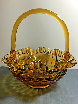 #ad Vintage Fenton Amber Glass Basket Thumbprint Ruffled Edge Applied Handle Basket. $13.00