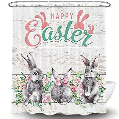 #ad Easter Rabbit Shower Curtain Funny Gray Bunny On Rustic Wooden Shower Curtain Li $25.61