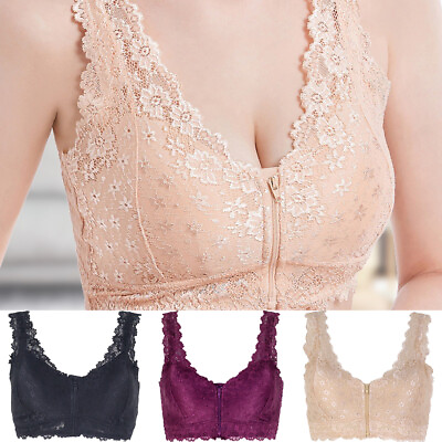 #ad Women Lace Vest Push Up Bra Lingerie V neck Bra Zip Front Underwear Fastening $17.99