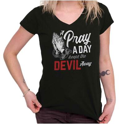 #ad Prayer Keep Devil Away Religious Christian Womens Juniors Petite V Neck Tee $19.99