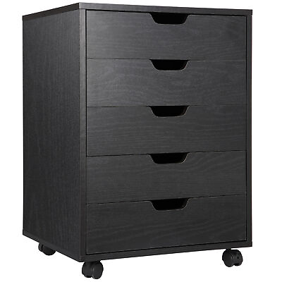 #ad 5 Drawers Chest Wooden Dresser Storage File Cabinet for Bedroom w Wheels Black $61.58