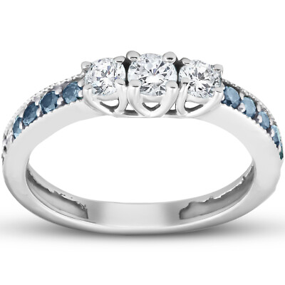 #ad 1 2 Ct Blue amp; White Diamond Three Stone Engagement Anniversary Ring White Gold $383.99