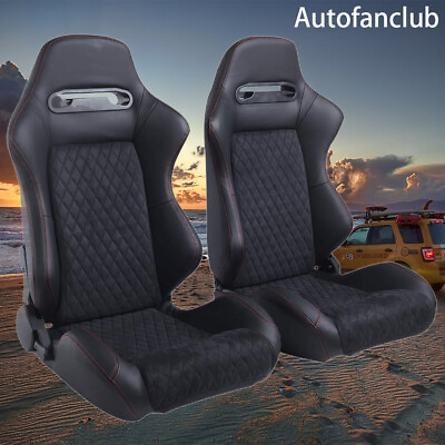 #ad 2Pcs Universal Reclinabl Bucket Seats PVC Leather Racing Seats with 2 Sliders $359.99