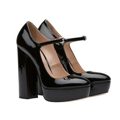 #ad Ladies Block High Heels Platform Pump Patent Leather Round Toe Buckle Strap Shoe $49.91