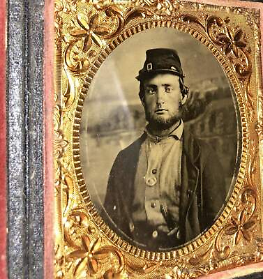 #ad 1860s Photo 2x? Armed Civil War Soldier Wearing Corps Badge Painted Backdrop $1055.00